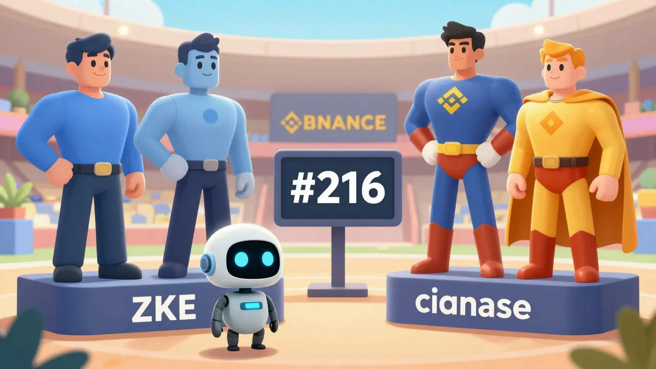 Cartoon comparing a small exchange robot to giant competitor superheroes.