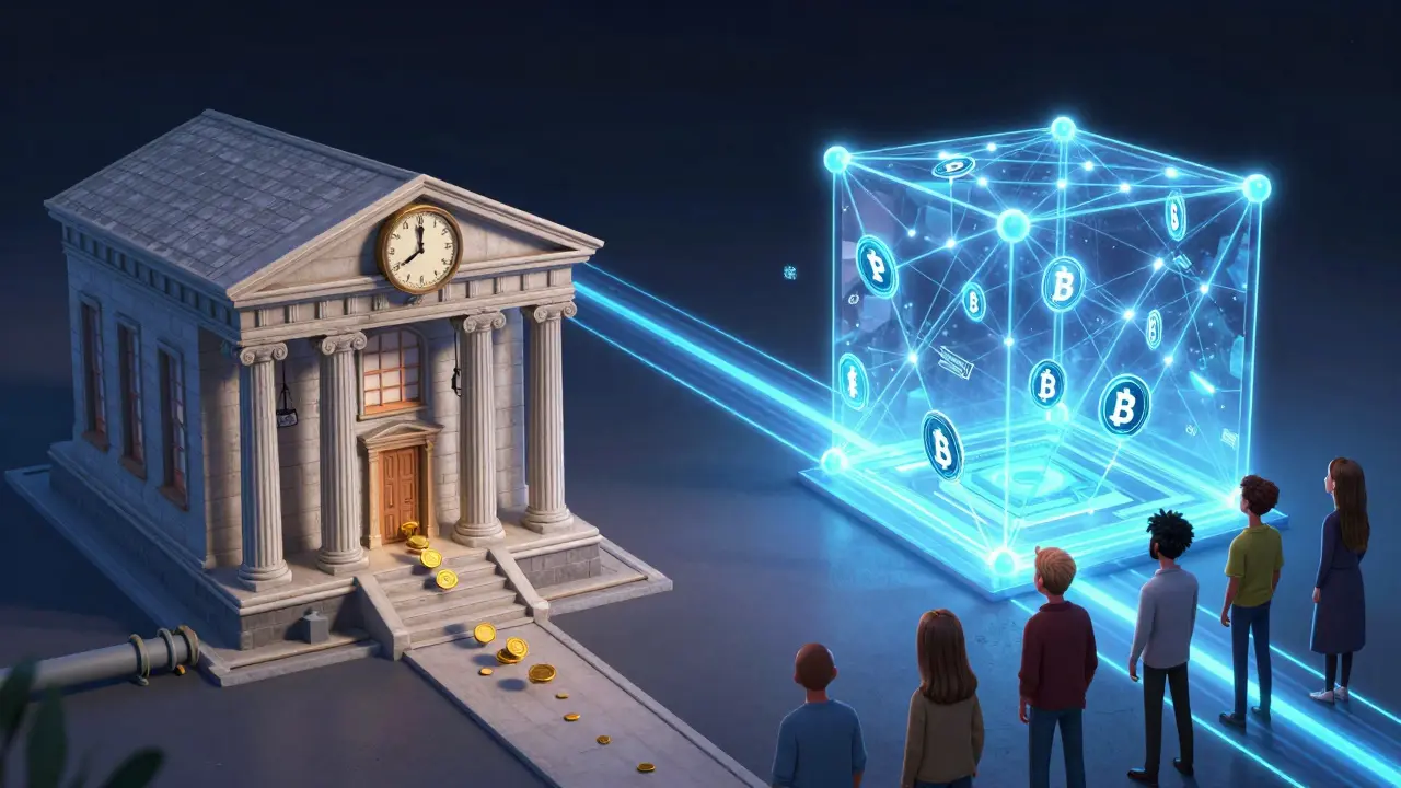 Cartoon comparison of slow bank transfer vs fast blockchain network.