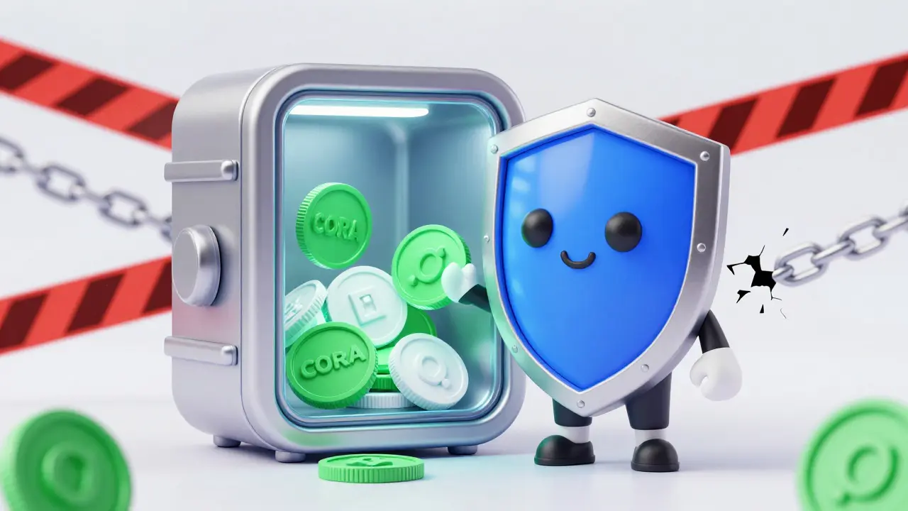 Cartoon shield protecting crypto assets in a secure vault