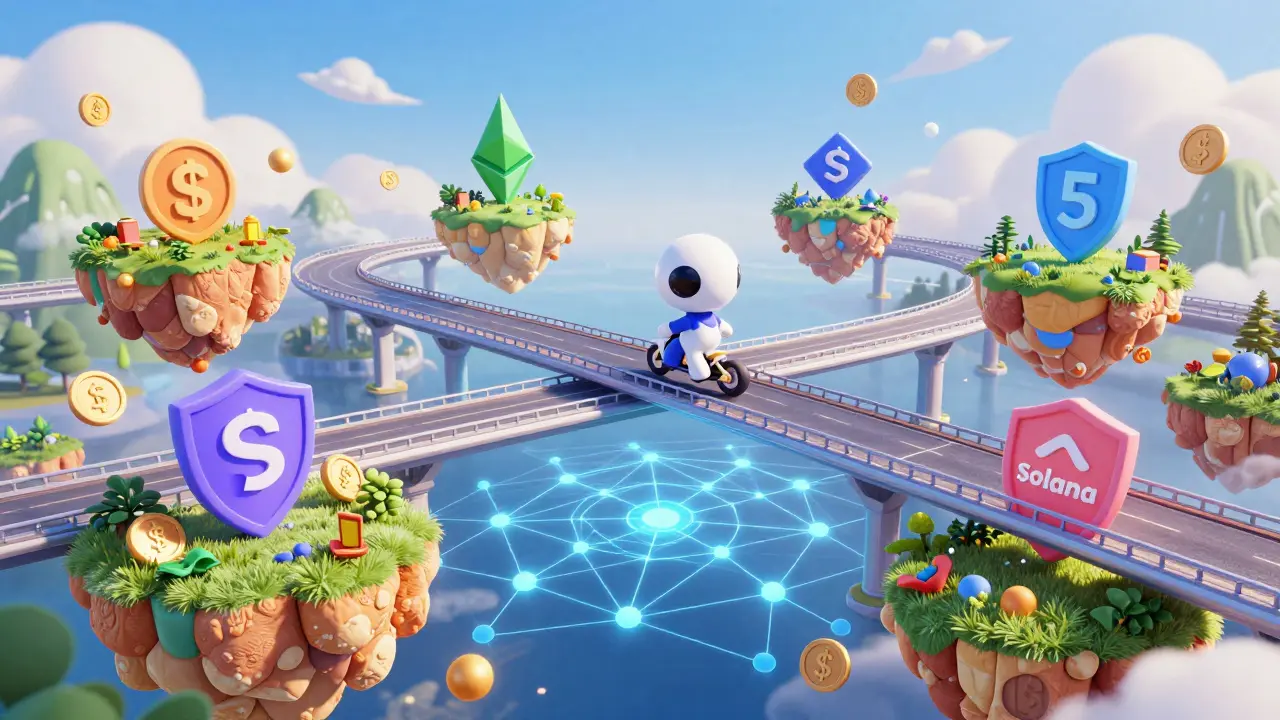 Character crossing bridges between vibrant blockchain islands