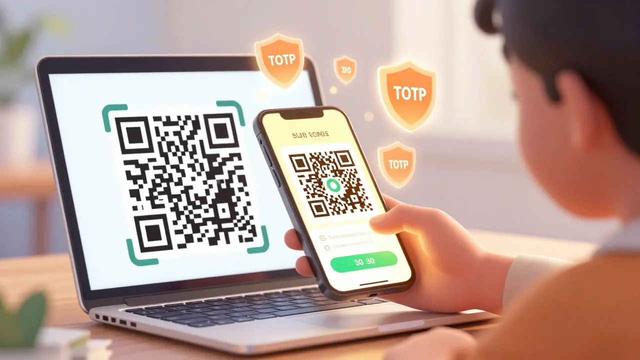 Character securely scanning QR code for authenticator app