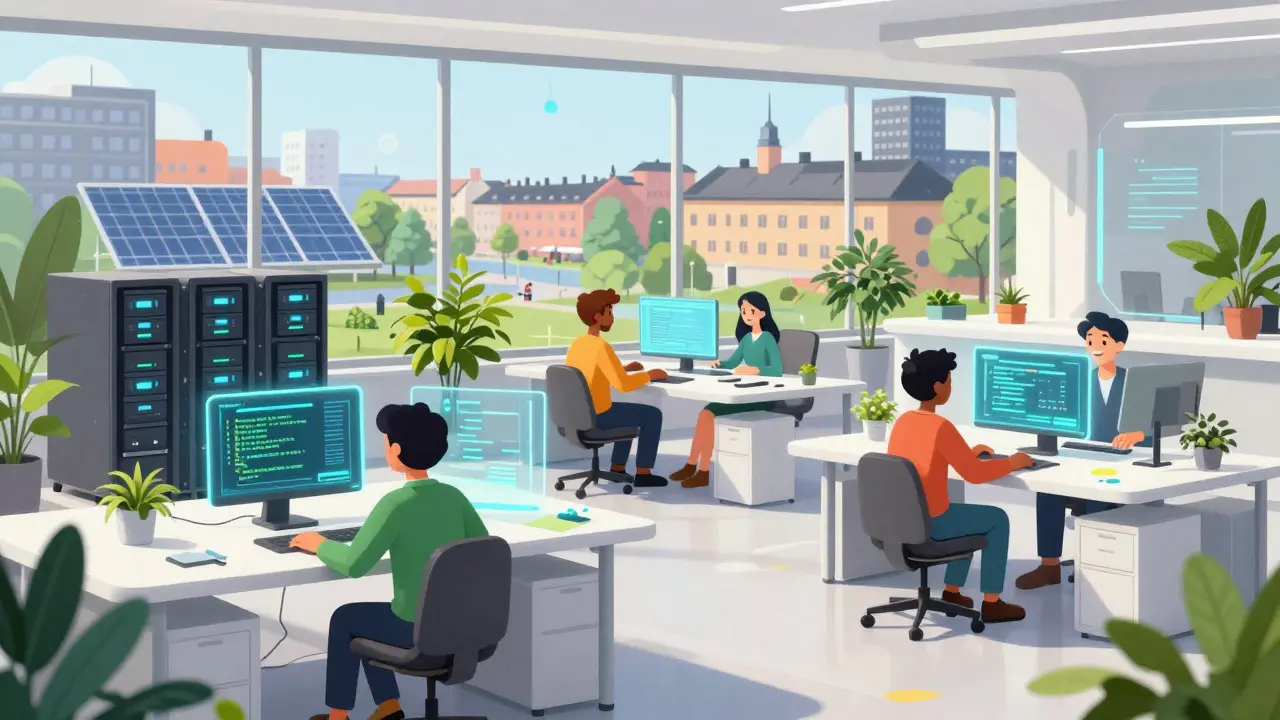 Cheerful developers working on sustainable blockchain tech in a bright Swedish office