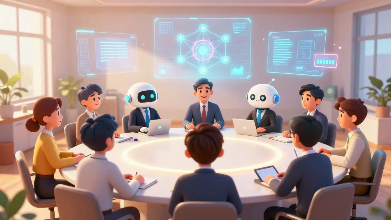 Collaborative meeting of regulators and tech experts discussing DeFi future.