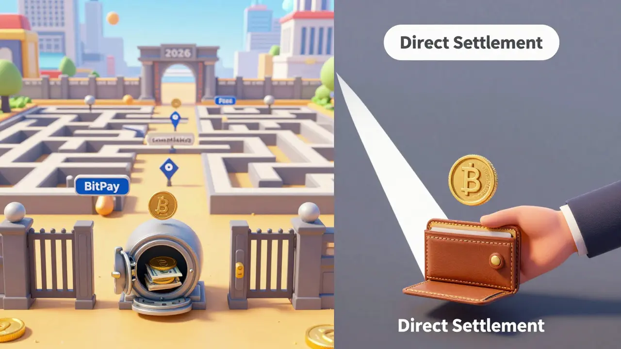 Comparison graphic showing direct crypto settlement vs custodial payment processing