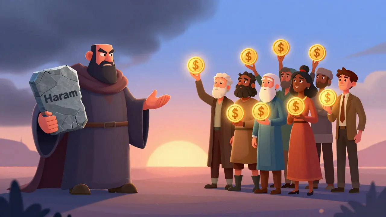 Conceptual art showing conflict between religious ban and digital finance