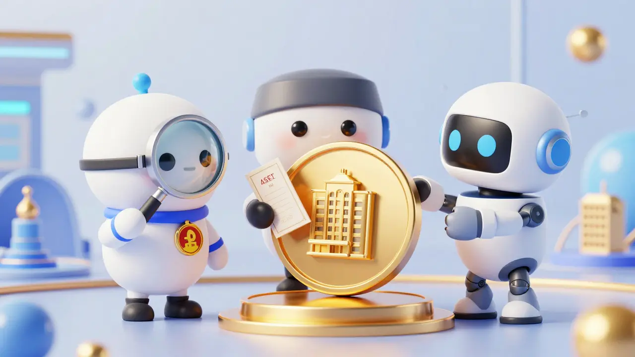 Cute characters assembling a tokenized real estate asset digitally