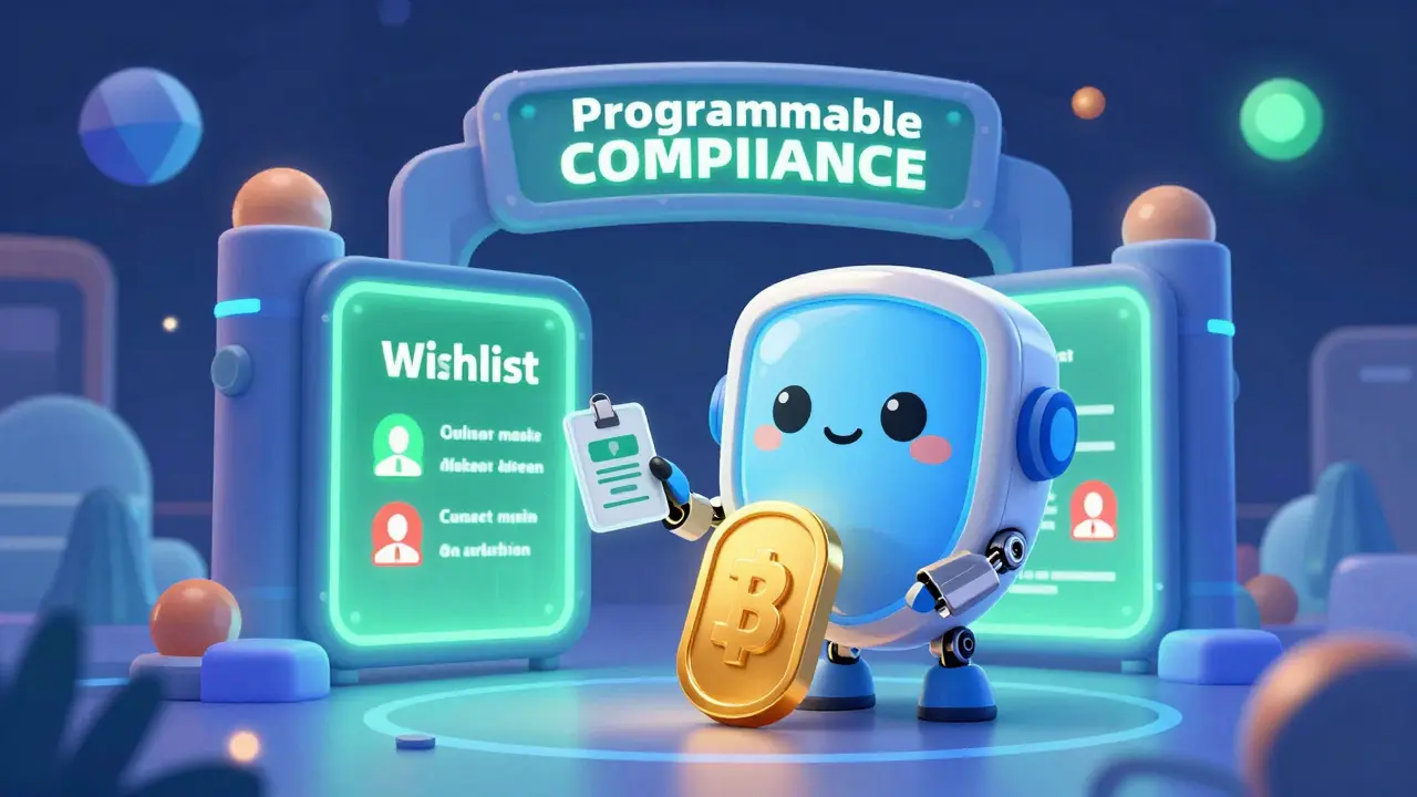 Cute robot enforcing programmable compliance rules on a glowing security token.