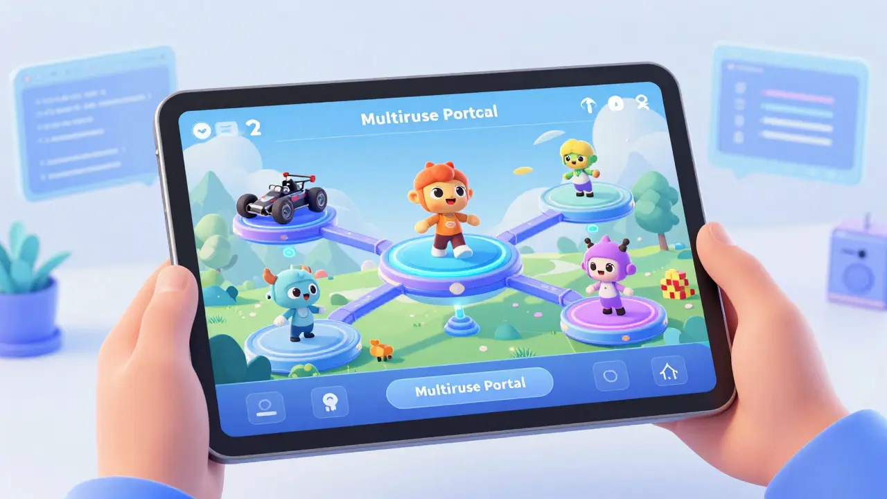 Developer holding tablet showing seamless cross-game NFT movement.