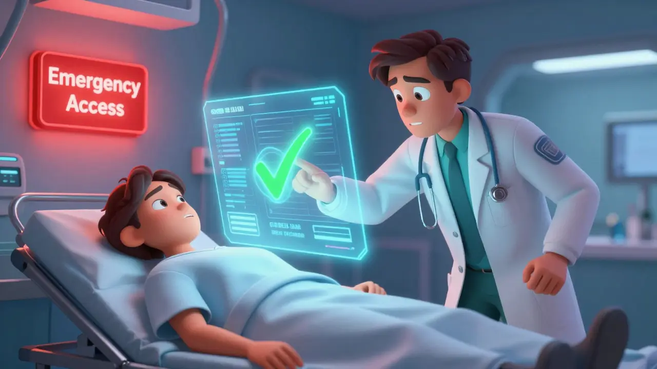 Doctor accessing emergency medical data via hologram while blockchain logs the action.