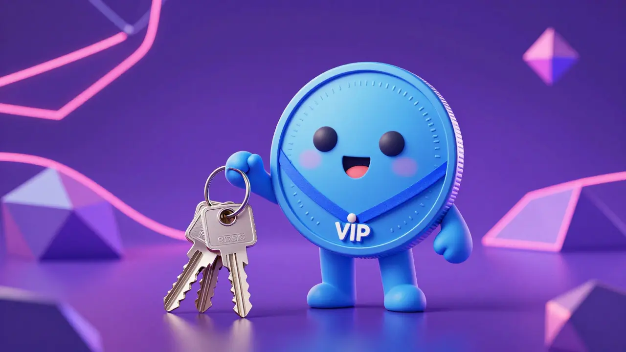 Friendly cartoon token coin character holding keys against a blockchain background
