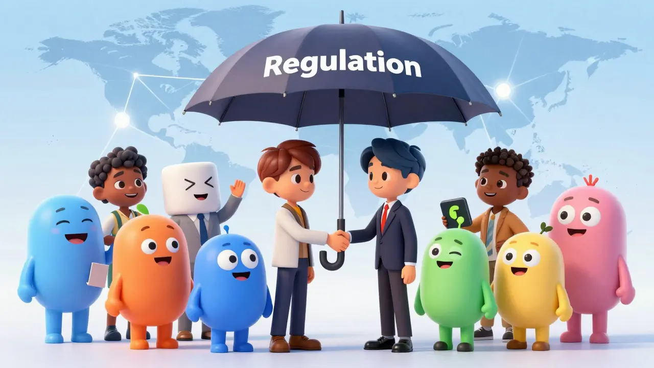 Friendly characters shaking hands under a regulation umbrella in Taiwan.