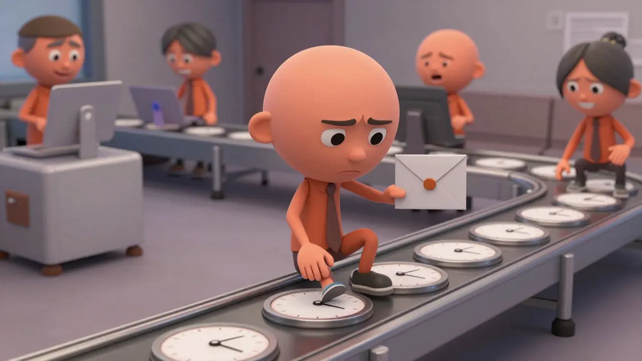 Frustrated cartoon character waiting slowly for bank transfer