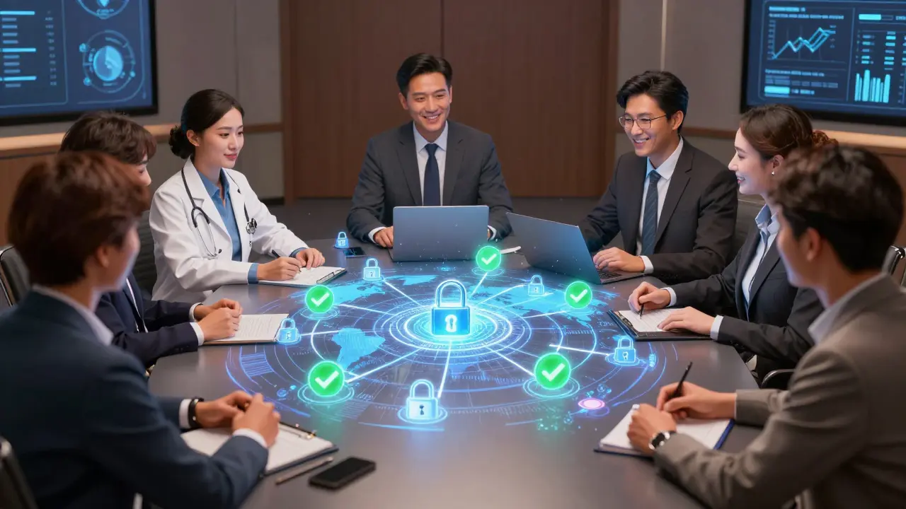 Global team collaborating around holographic supply chain map.