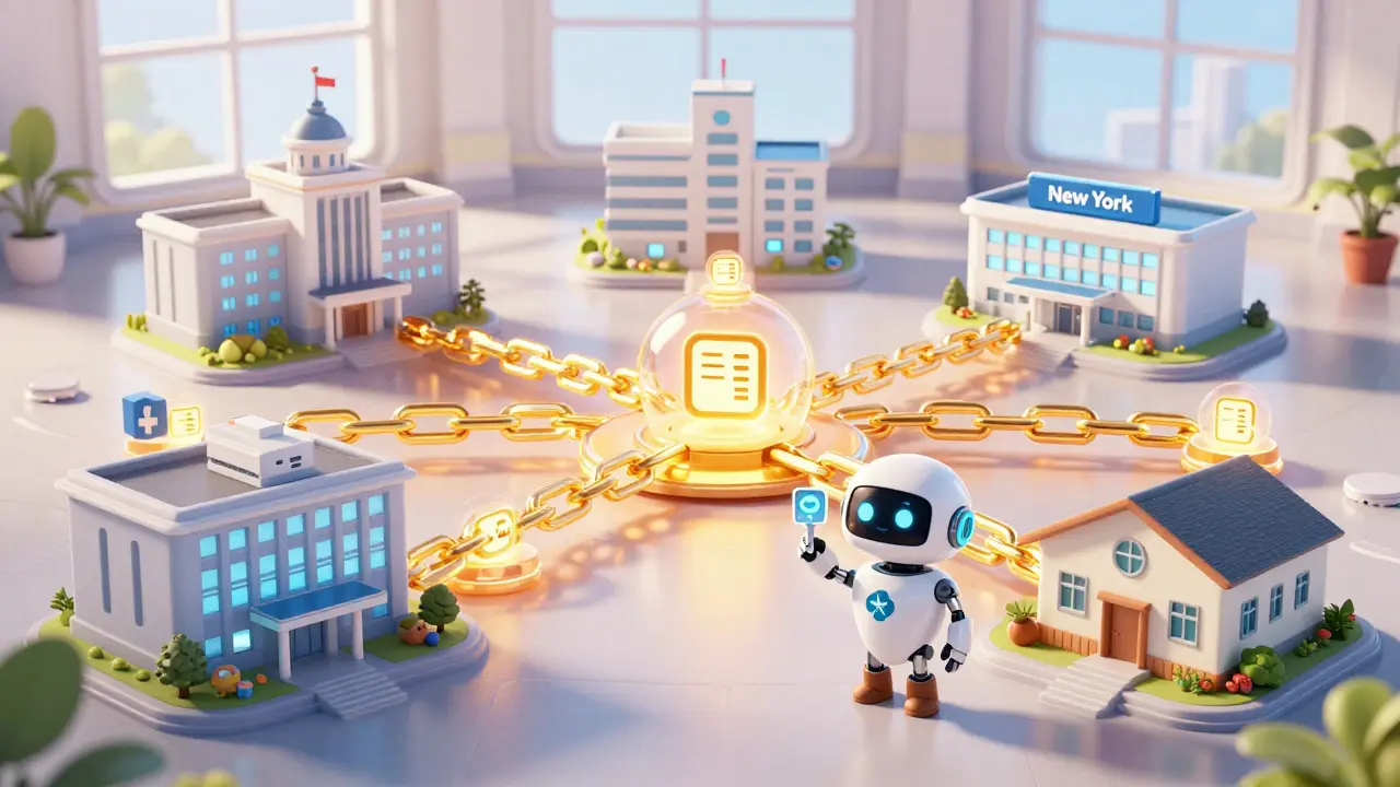 Glowing blockchain network connecting global hospitals with a robot holding a digital key.
