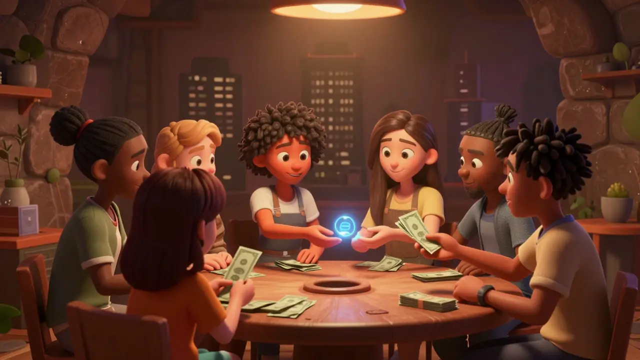 Group of friends trading cash and tokens in a warm underground room