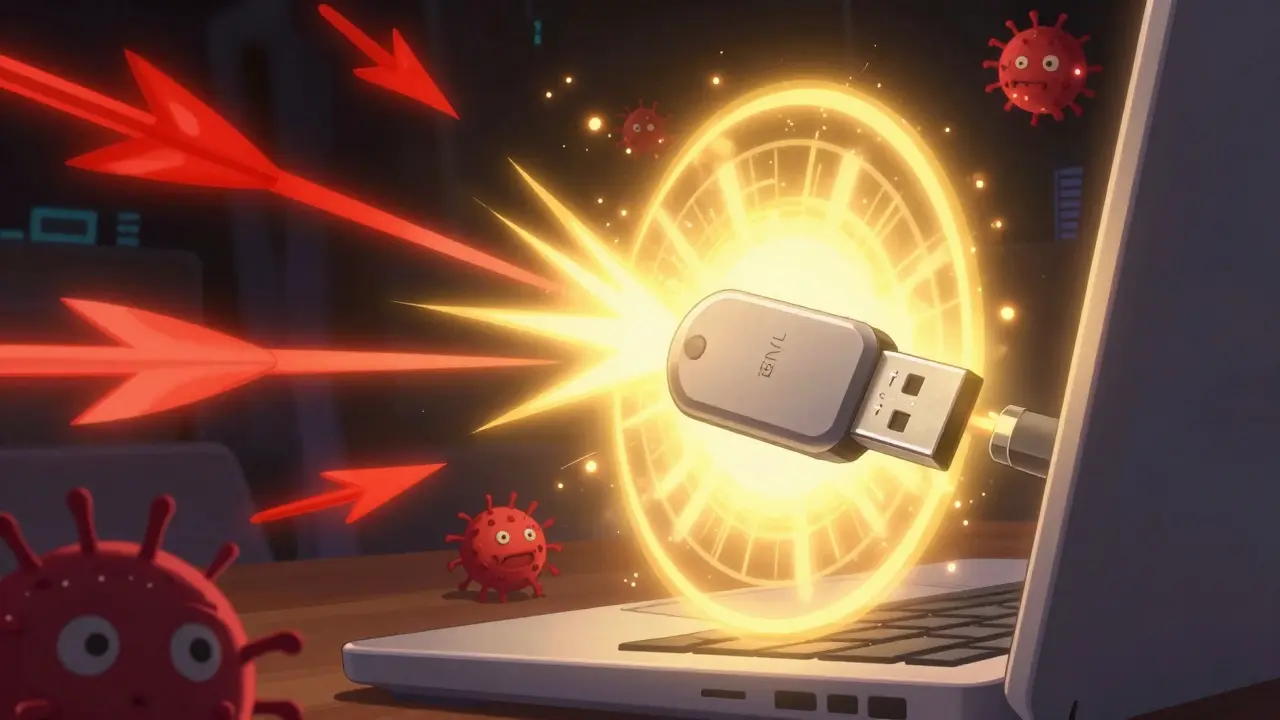 Hardware security key blocking cyber threats with a shield