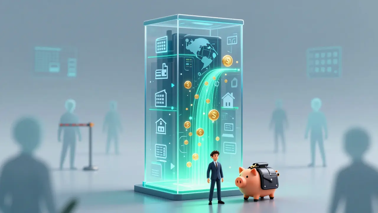 Investor with a hardware wallet standing before a data-filled real estate tower.