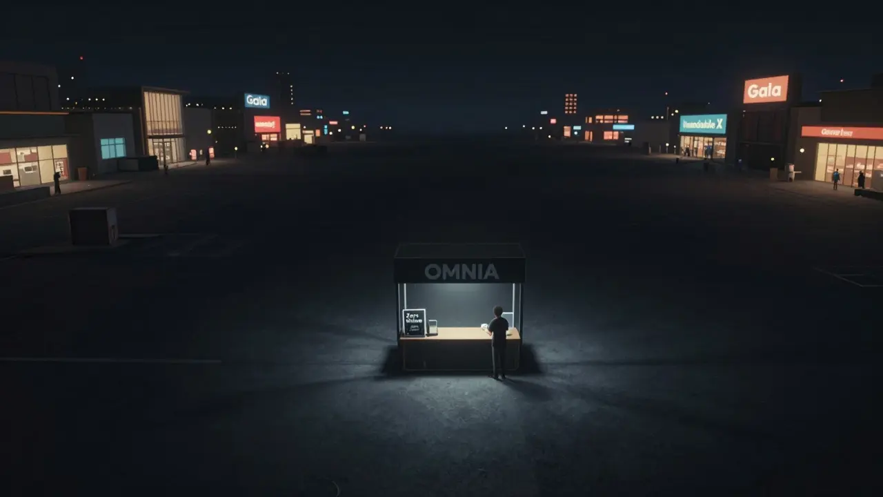 Lonely crypto stall in empty market vs busy competitor malls.