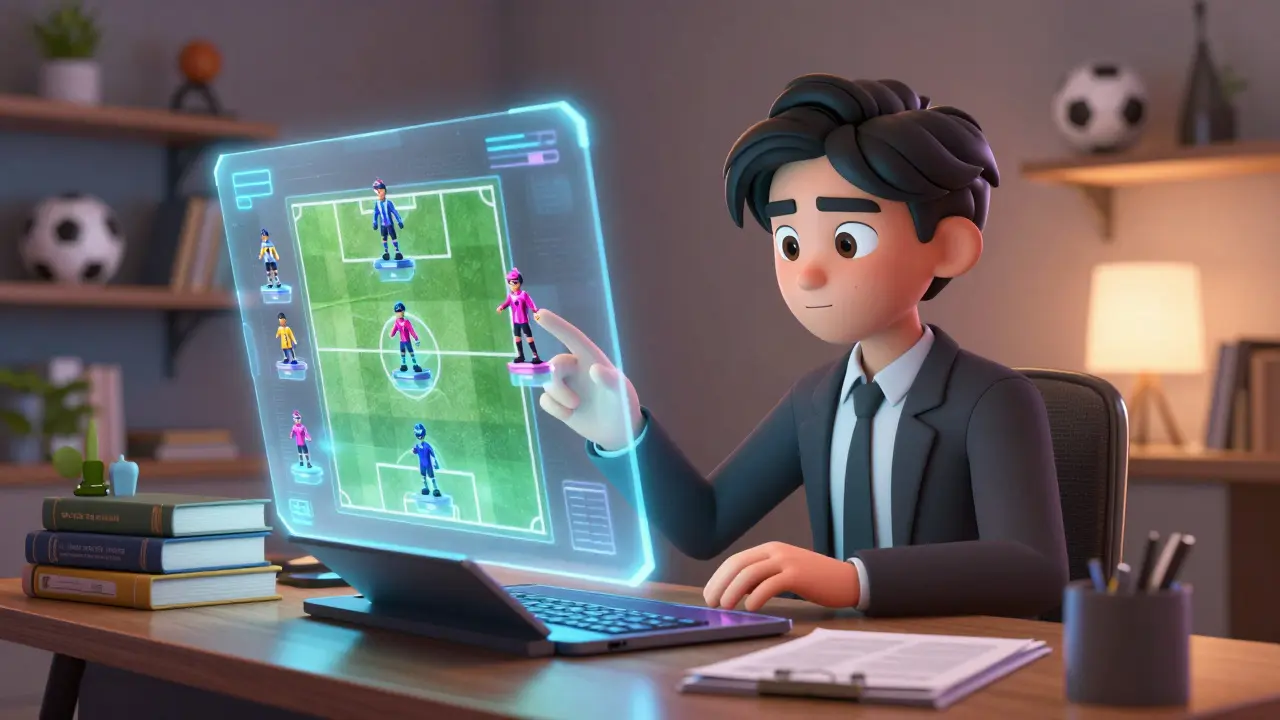 Manager character strategizing with holographic soccer NFTs on a tablet