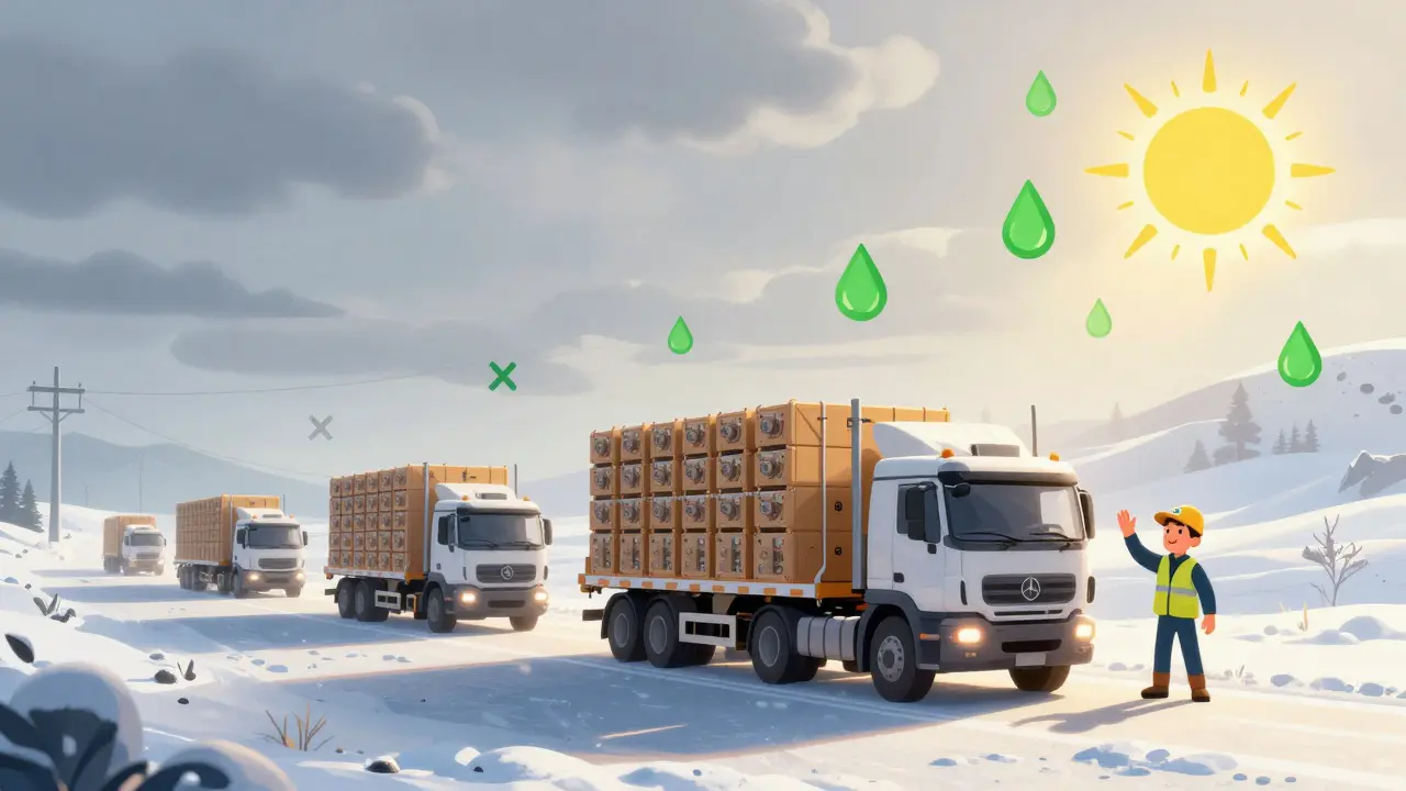 Miners moving equipment from restricted Sweden to welcoming Norway in Pixar style