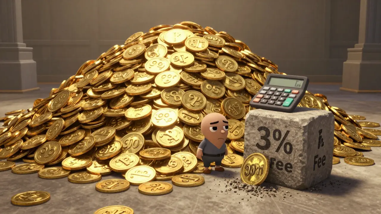 Pile of worthless tokens being crushed by burn fee in Pixar style