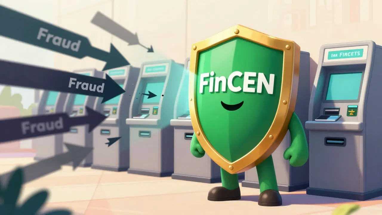 Protective shield blocking fraud arrows from crypto ATMs