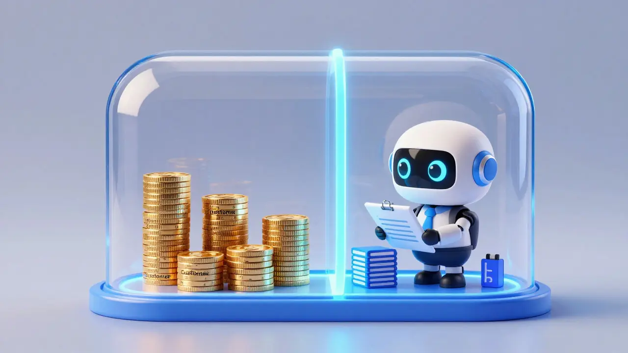 Robot inspector checking separated customer funds in a secure glass vault.