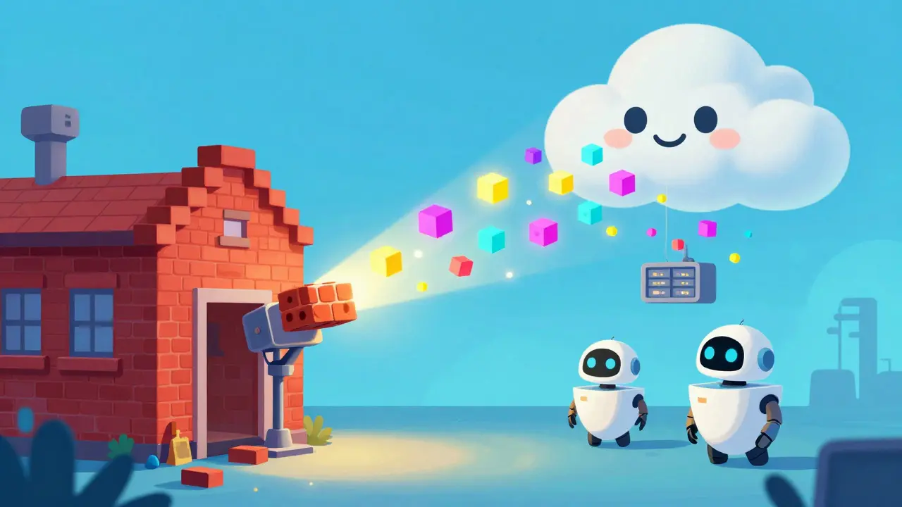 Robots transforming a brick building into glowing digital tokens in a factory.