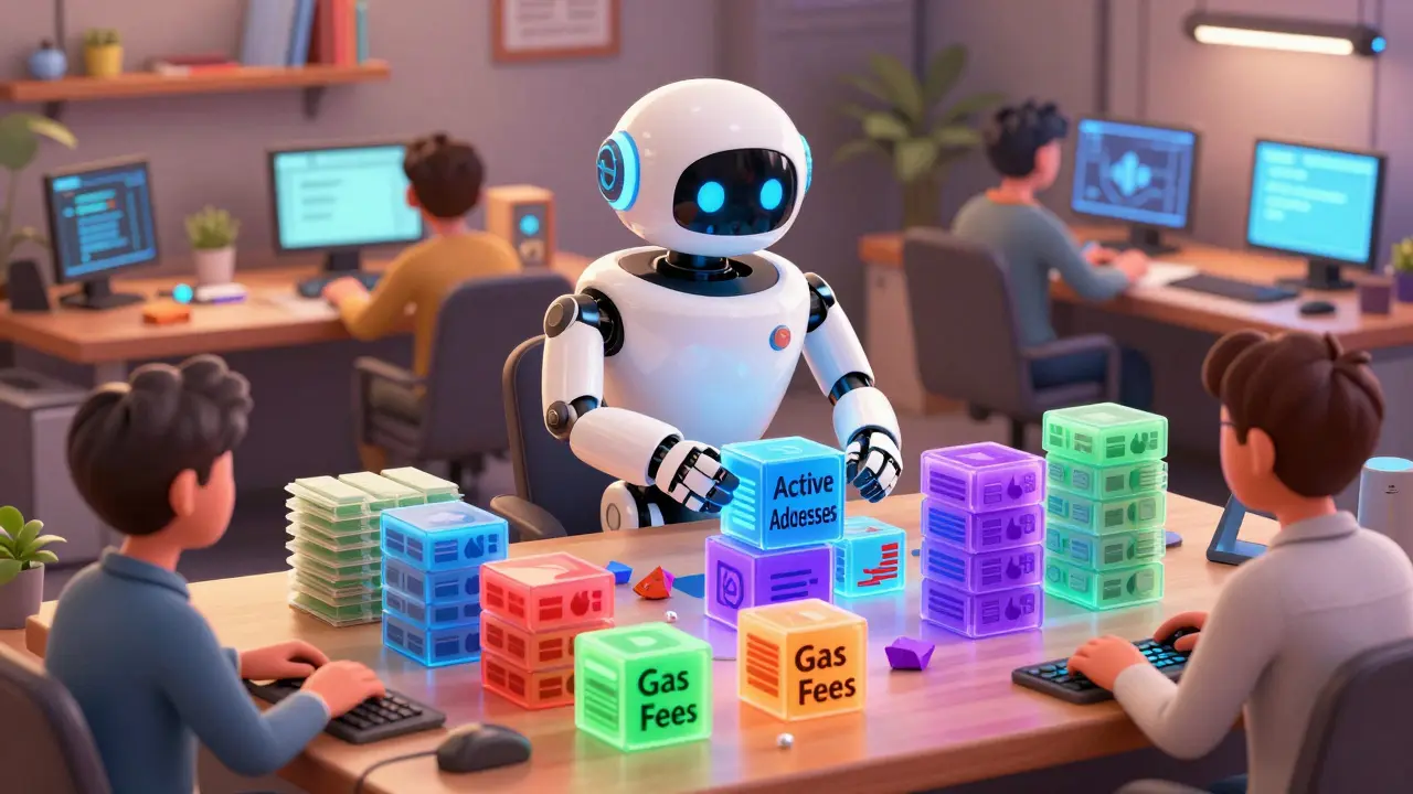 Team using AI to organize colorful data cubes in a tech control room