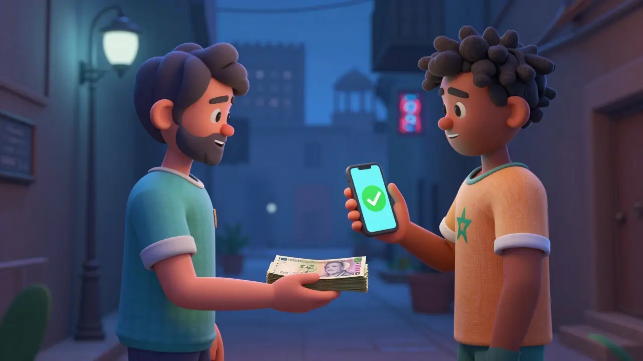 Two people exchanging cash for cryptocurrency in a discreet, shadowy alleyway.
