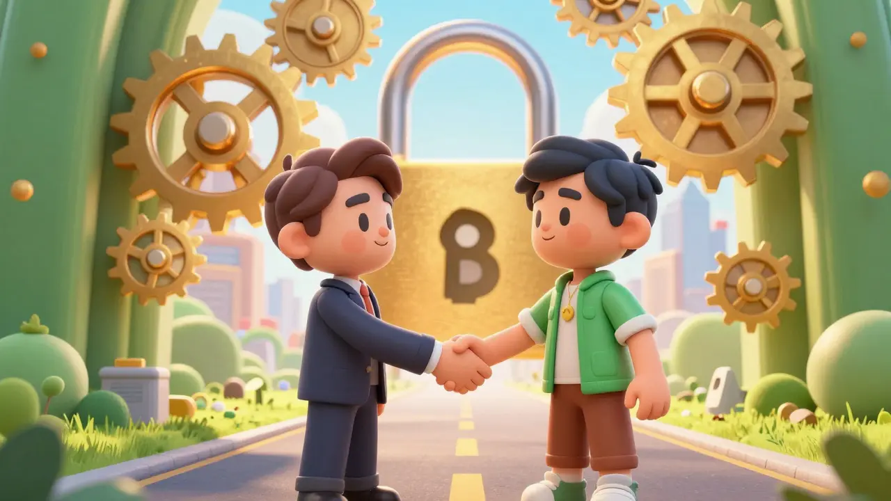 Two professionals shaking hands as a golden lock opens to reveal a path to growth.