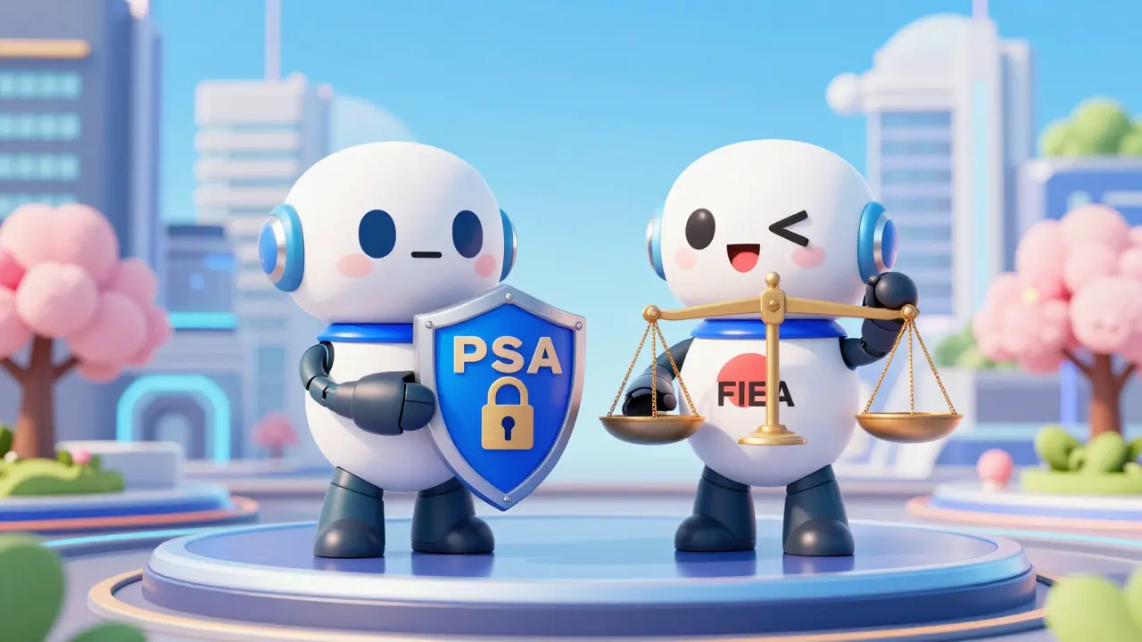 Two robot guardians representing PSA and FIEA laws protecting crypto assets.