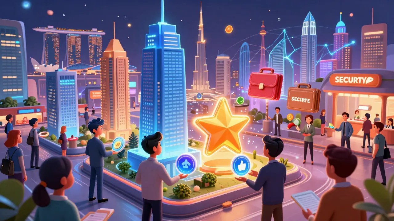 Vibrant Pixar scene showing global growth and democratization of security tokens.