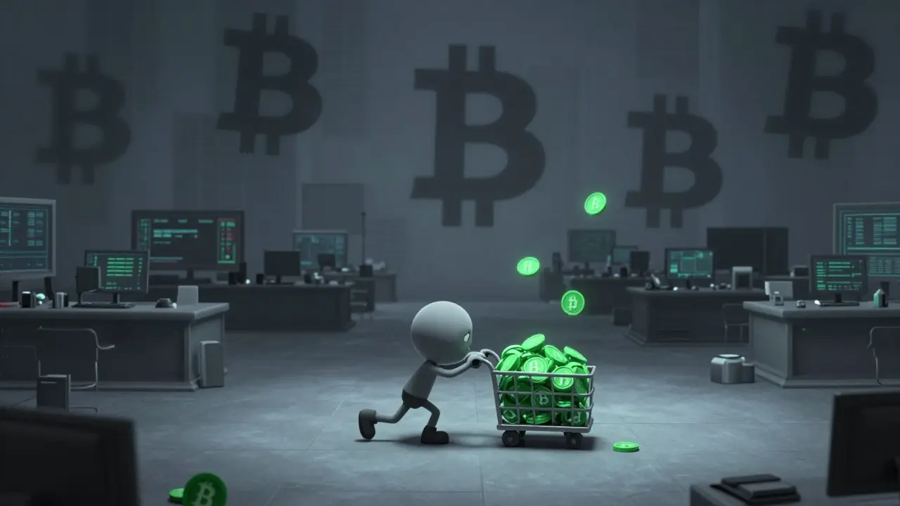 A lone trader struggling with low liquidity in a vast, empty crypto market scene