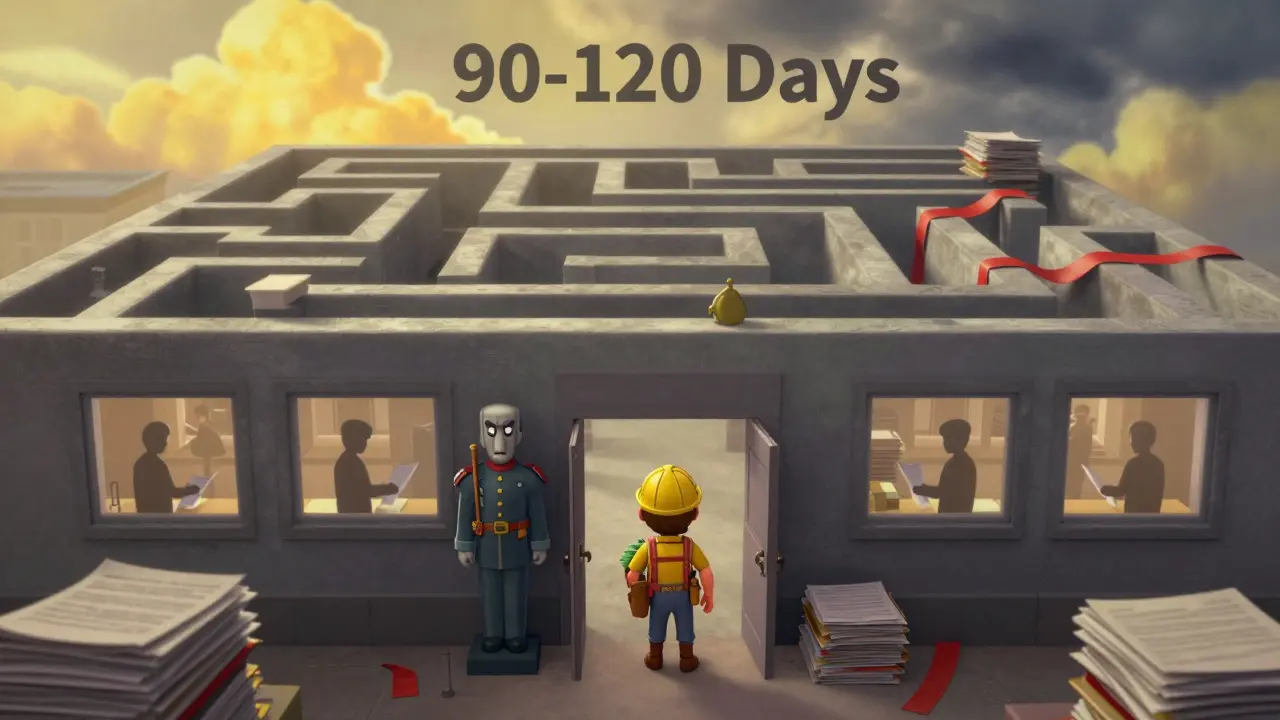 A miner facing a giant bureaucratic tower made of paperwork in a colorful cartoon style.