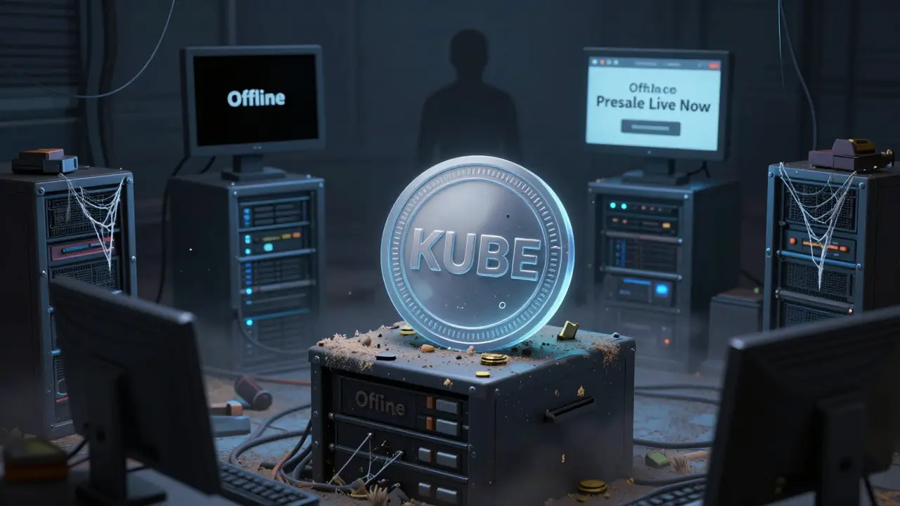 Abandoned crypto coin in dark server room with lurking scammer