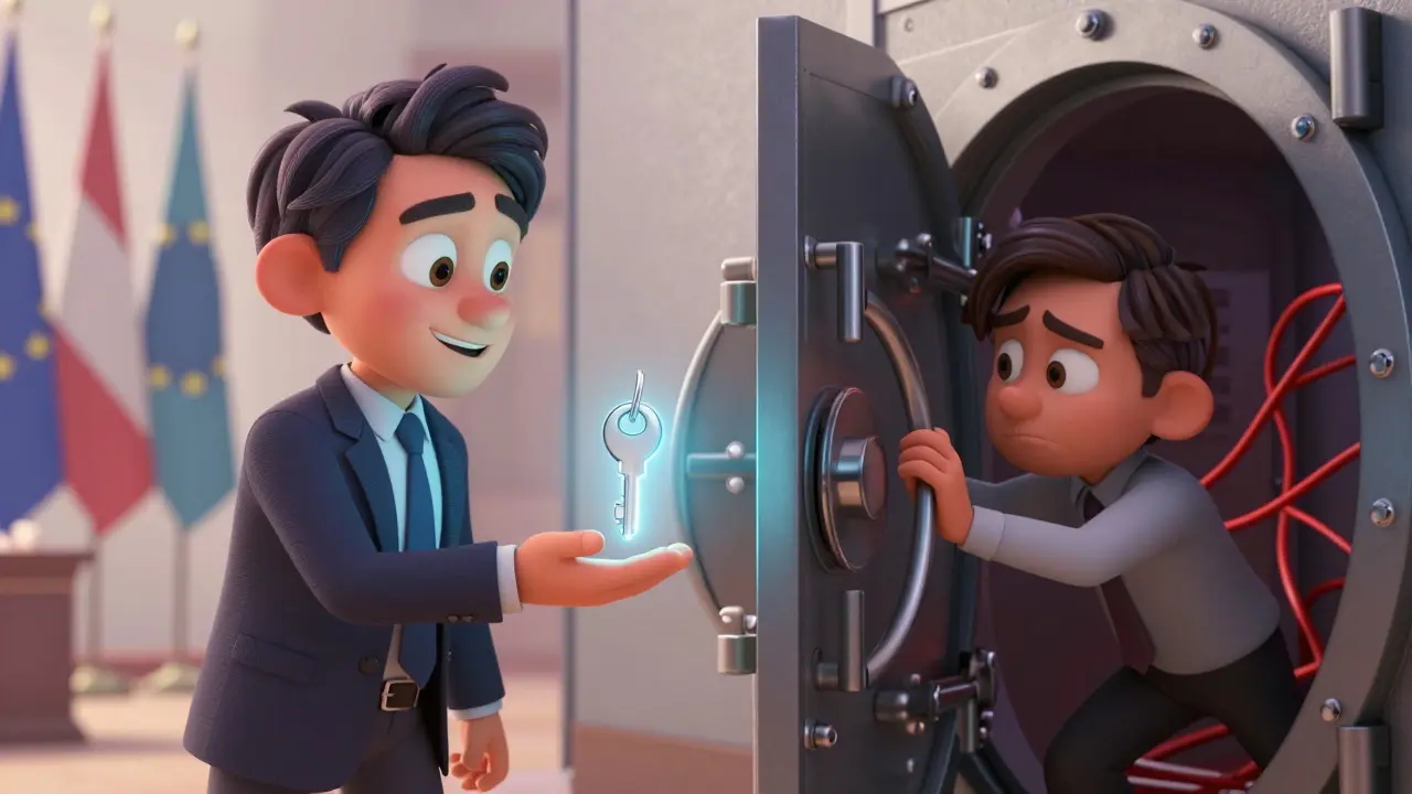 Cartoon banker offering easy deposit key while user struggles with locked withdrawal vault.