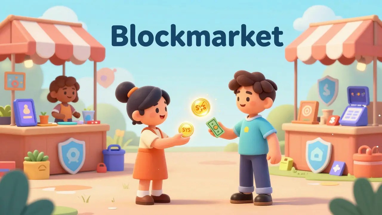 Cartoon characters trading goods with glowing SYS tokens in a digital market.