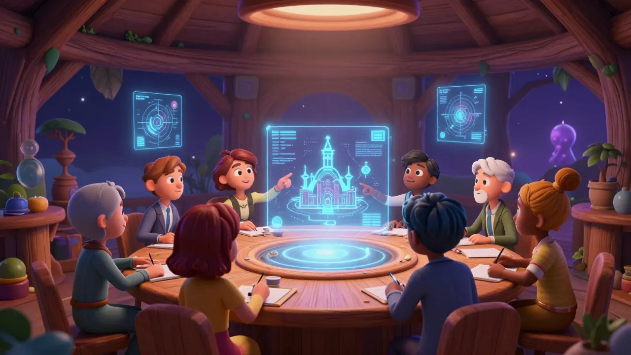 Cartoon heroes discussing strategy in a treehouse council chamber