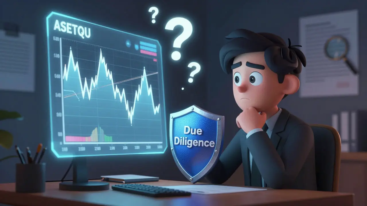Character analyzing a volatile crypto chart with a due diligence shield.