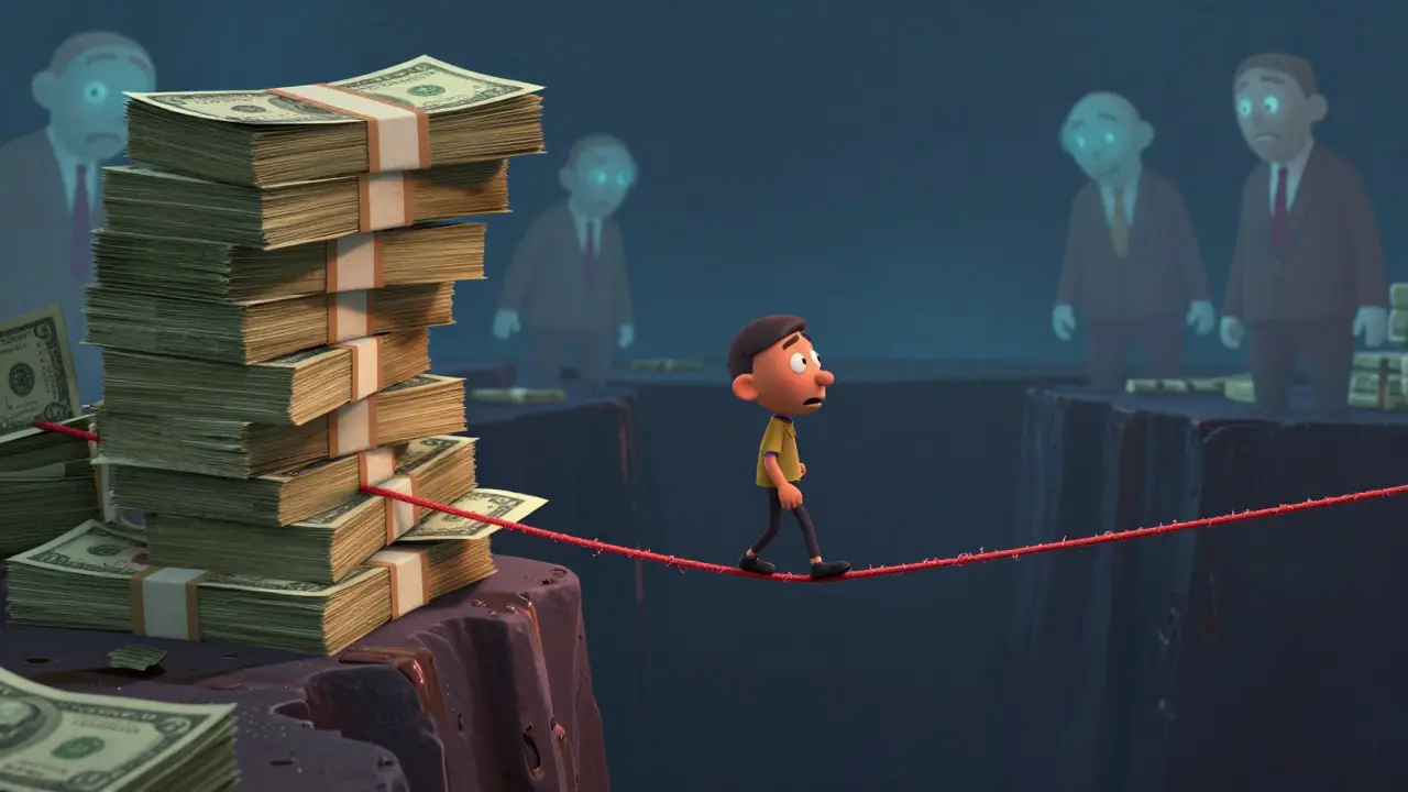Character balancing on a fraying liquidity rope over a dark financial abyss