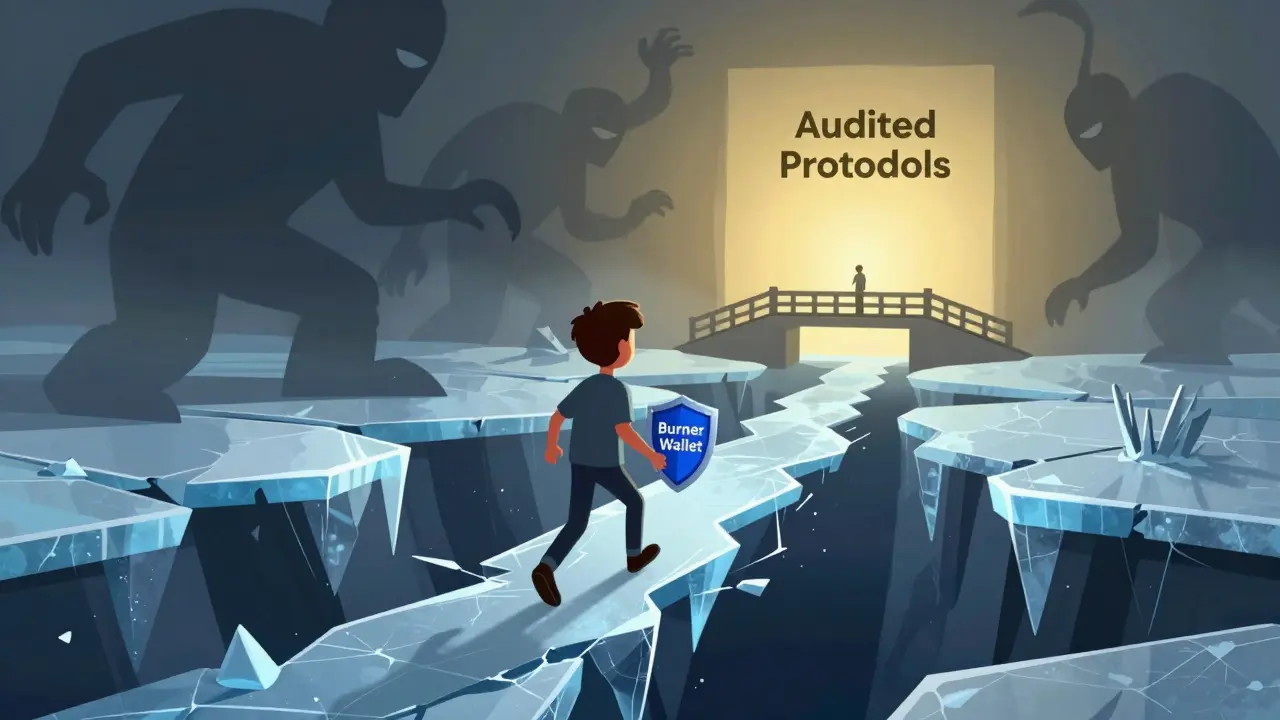 Character crossing thin ice near abyss illustrating smart contract risks
