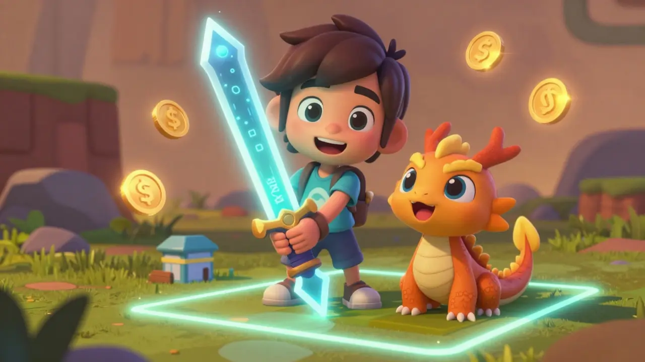 Character holding a glowing NFT sword with staking rewards nearby