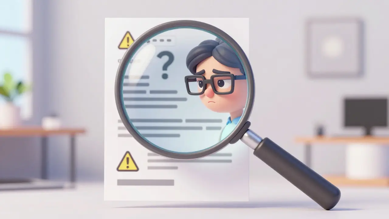 Character inspecting a vague contract under a magnifying glass, symbolizing lack of audits