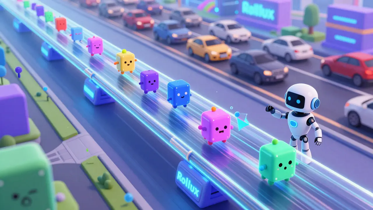 Colorful data packets speeding through Rollux tubes in Pixar animation style.