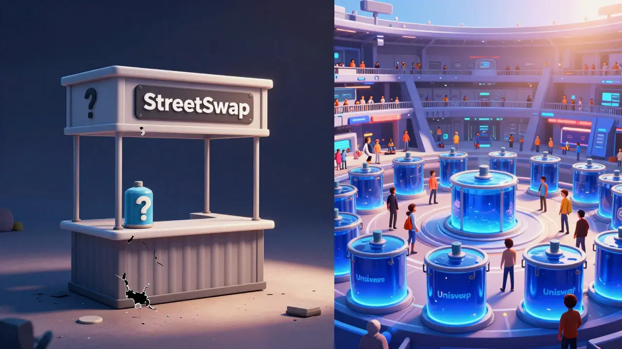 Comparison of empty risky booth vs busy safe stadium for DeFi platforms