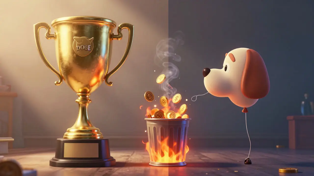 Comparison of large golden trophy and small balloon with token burning effect