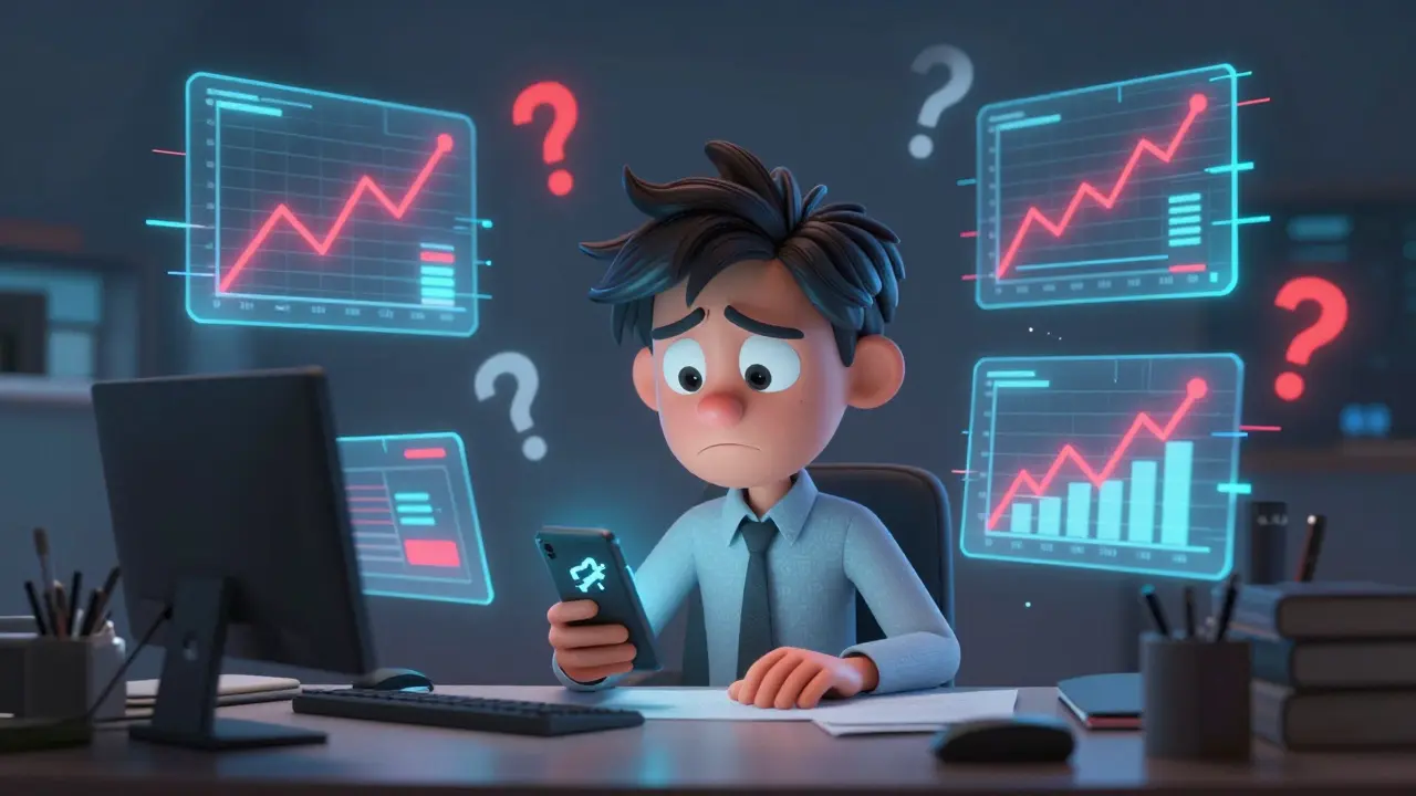 Confused investor looking at glitching crypto charts and broken links.