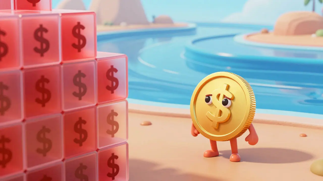 Cute coin blocked by tall red fee walls in cartoon style