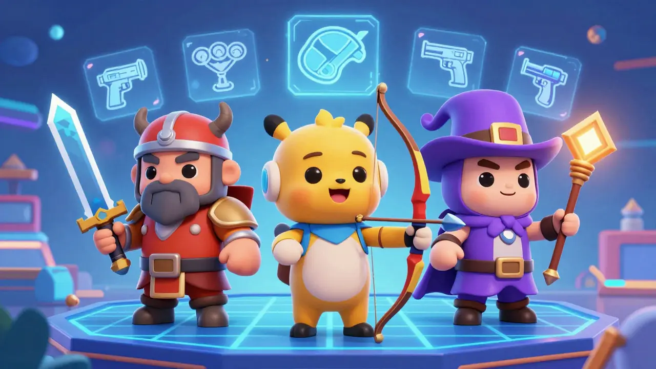 Cute Pixar-style Warrior, Archer, and Magician characters with NFT weapons